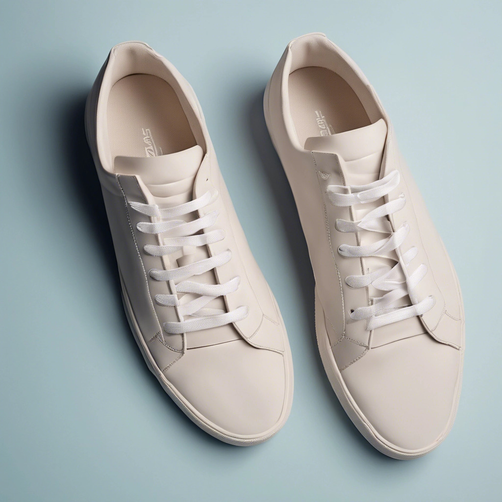 A clean, minimalist product shot of a pair of designer sneakers, highlighting their unique features.