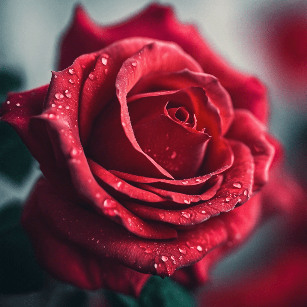 A close-up shot of a rose, highlighting the intricate petals and vibrant red color.